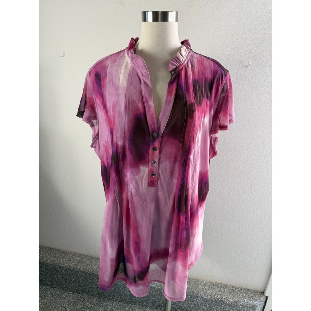 Cocomo Woman Plus 3X Purple Pink Abstract Mesh Tunic Top Ruffle Neck Blouse